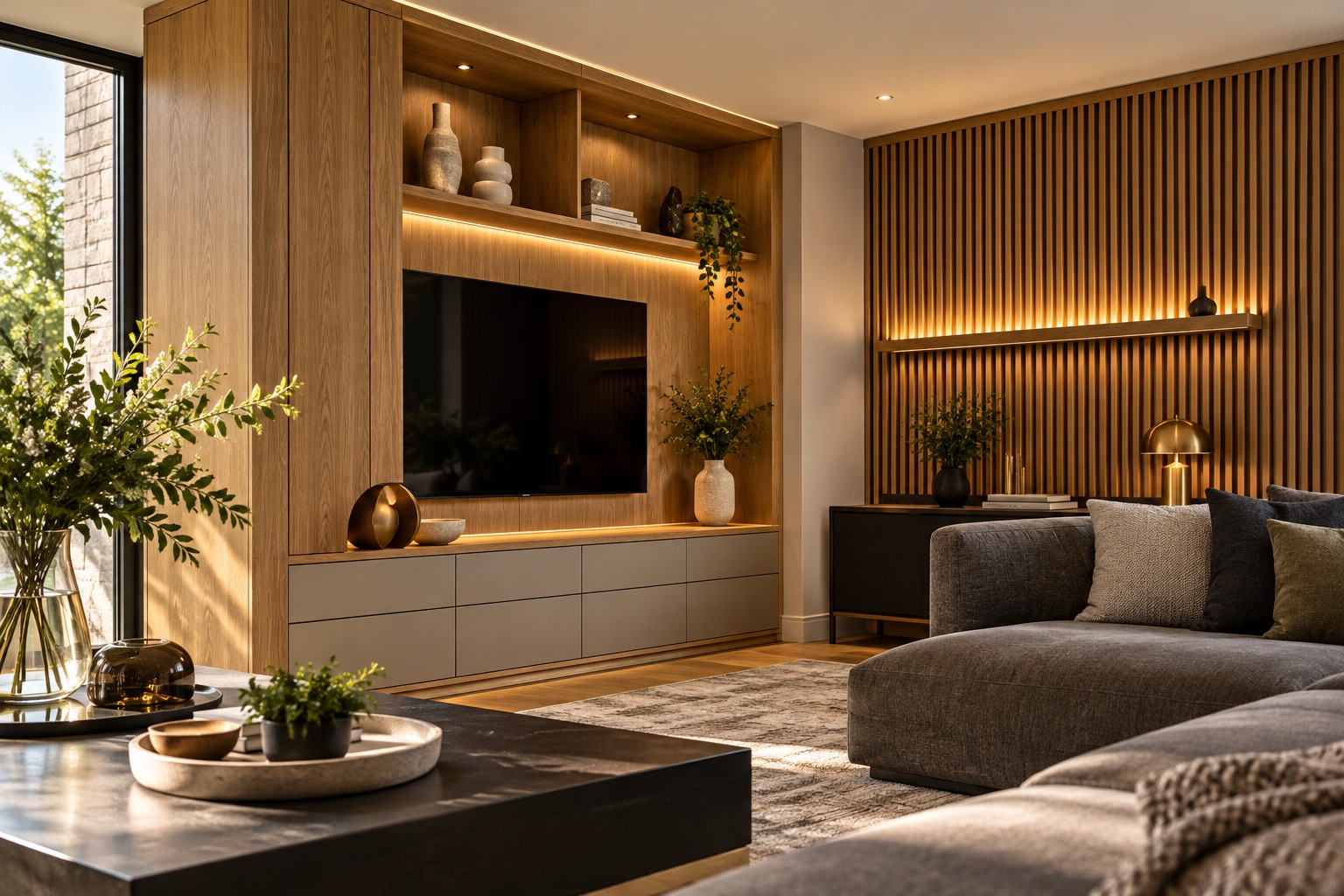 Oak fitted cabinetry and contemporary living room